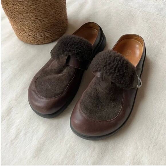 Haflinger Brown Leather Slide-On Faux Fur Trim Loafers - Picture 1 of 10